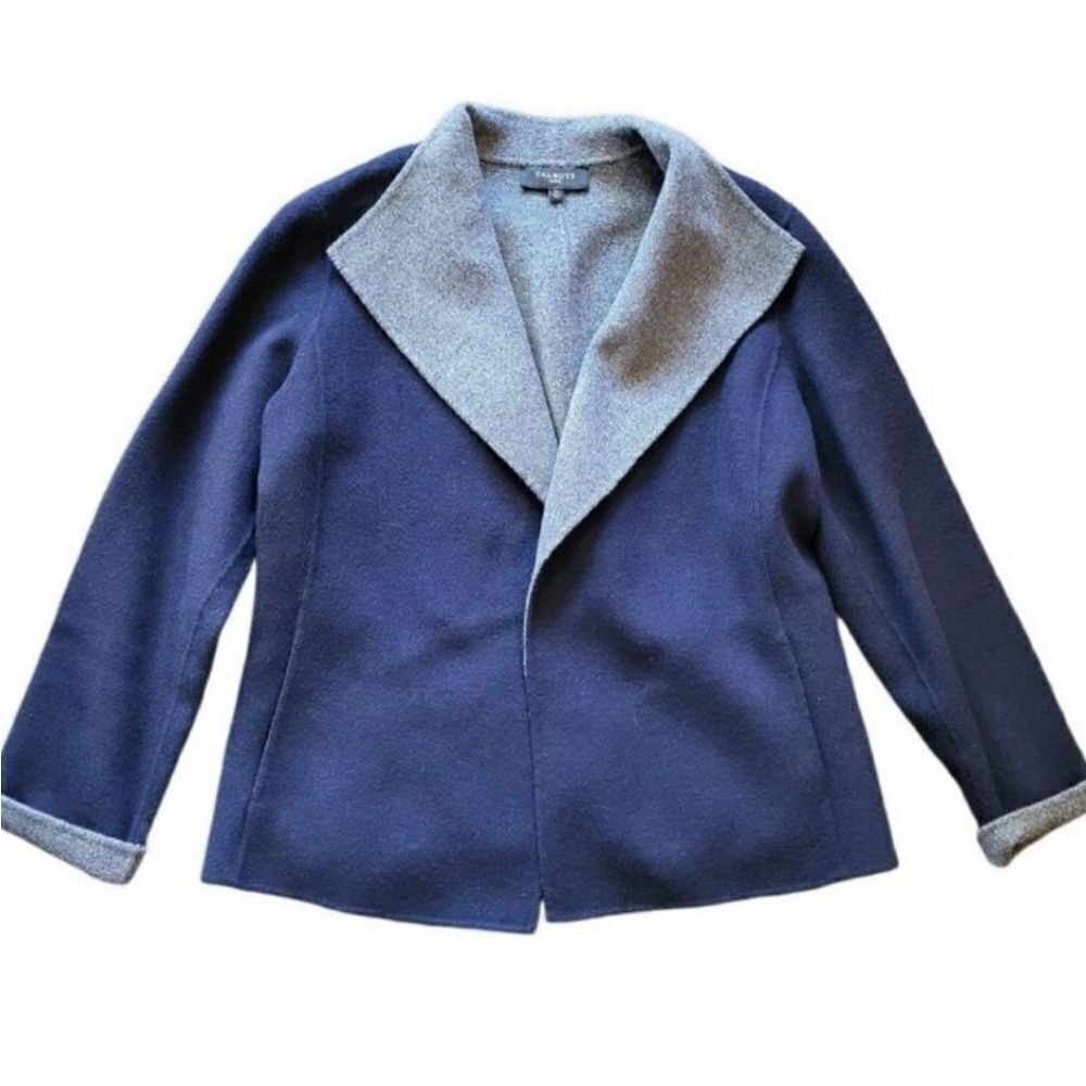 Talbots Jacket Women's Large Petite Blue Gray Double Faced Felted Wool Cozy Open